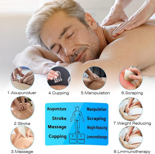 Electroestimulador Digital Portátil YZPUSI – Alivio del Dolor y Relajación Muscular con 8 Modos de Masaje, 15 Niveles de Intensidad y Pantalla LCD Azul